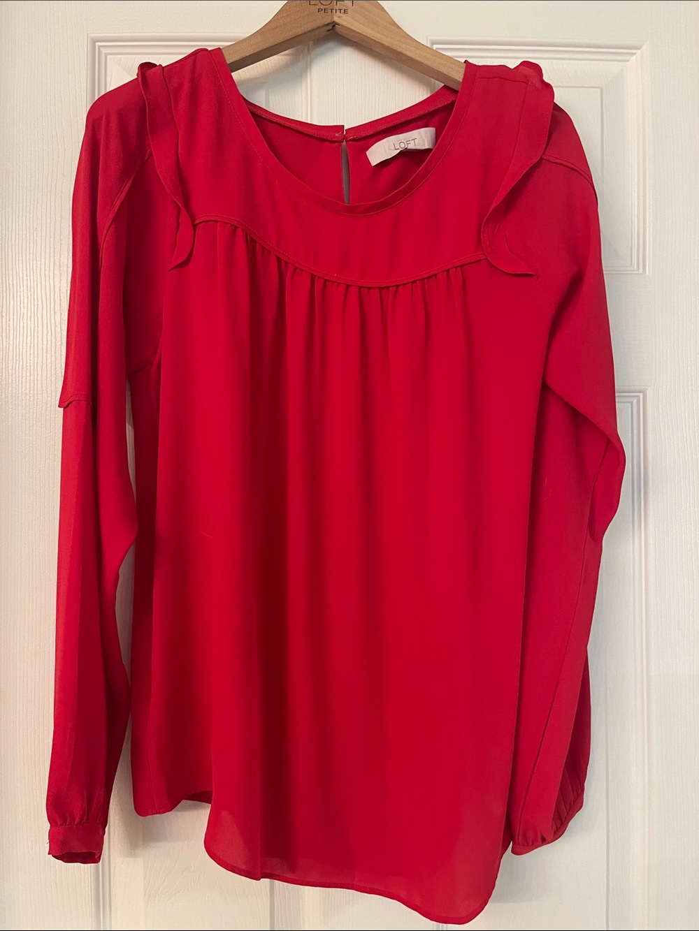 LOFT Red Long-Sleeve Ruffle Yoke Blouse